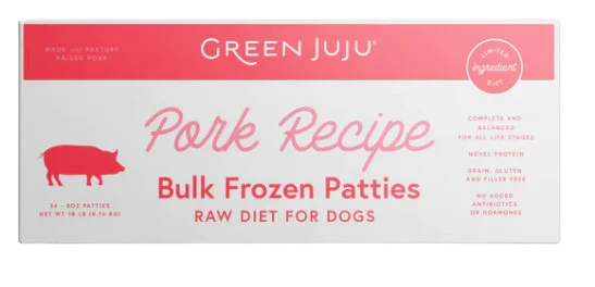 Green Juju Frozen Dog Food - Pork Recipe Patties 18lb Box